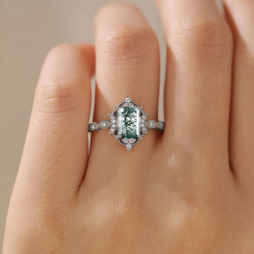 Classic Sparkling Radiant Cut Moss Agate Engagement Ring with Vintage Halo    - Additional view