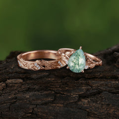Elegant & Luxurious 3 prong Pear-Cut Natural Moss Agate Wedding Band Set