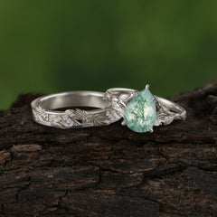 Elegant & Luxurious 3 prong Pear-Cut Natural Moss Agate Wedding Band Set