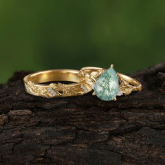 Elegant & Luxurious 3 prong Pear-Cut Natural Moss Agate Wedding Band Set
