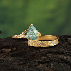 Elegant & Luxurious 3 prong Pear-Cut Natural Moss Agate Wedding Band Set