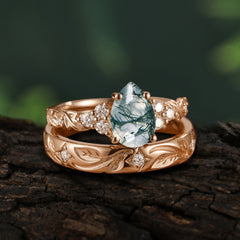 Nature-Inspired Vintage 4-Prong Pear Cut Moss Agate Bridal Set