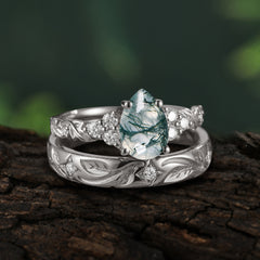 Nature-Inspired Vintage 4-Prong Pear Cut Moss Agate Bridal Set
