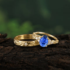 Nature-Inspired Vintage 4-Prong Pear Cut Sapphire Bridal Set