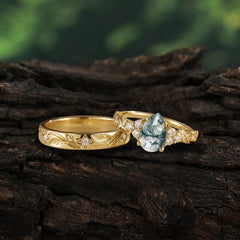 Nature-Inspired Vintage 4-Prong Pear Cut Moss Agate Bridal Set