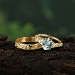 Nature-Inspired Vintage 4-Prong Pear Cut Moss Agate Bridal Set