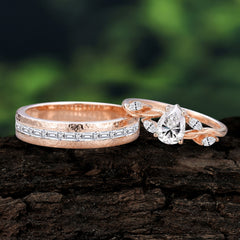 Exquisite 4-Prong Pear Cut Moissanite Engagement Ring Set