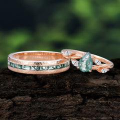 Exquisite 4-Prong Pear Cut Moss Agate Engagement Ring Set