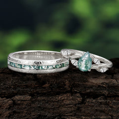 Exquisite 4-Prong Pear Cut Moss Agate Engagement Ring Set