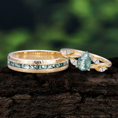 Exquisite 4-Prong Pear Cut Moss Agate Engagement Ring Set