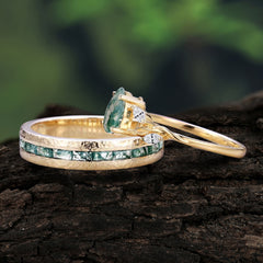 Exquisite 4-Prong Pear Cut Moss Agate Engagement Ring Set
