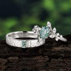 Nature-Inspired 6-Prong Oval Cut Moss Agate Engagement Ring Set