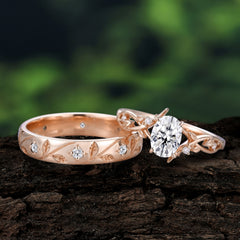 Nature-Inspired Branch-Wrapped 4-Prong Oval Moissanite Engagement Couple Rings