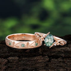 Nature-Inspired Branch-Wrapped 4-Prong Oval Moss Agate Engagement Couple Rings