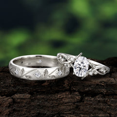 Nature-Inspired Branch-Wrapped 4-Prong Oval Moissanite Engagement Couple Rings