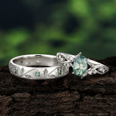 Nature-Inspired Branch-Wrapped 4-Prong Oval Moss Agate Engagement Couple Rings