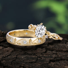 Nature-Inspired Branch-Wrapped 4-Prong Oval Moissanite Engagement Couple Rings