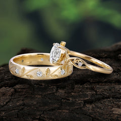 Nature-Inspired Branch-Wrapped 4-Prong Oval Moissanite Engagement Couple Rings