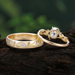 Nature-Inspired Branch-Wrapped 4-Prong Oval Moissanite Engagement Couple Rings