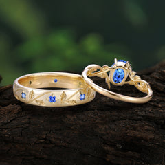 Nature-Inspired Branch-Wrapped 4-Prong Oval Sapphire Engagement Couple Rings