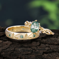 Nature-Inspired Branch-Wrapped 4-Prong Oval Moss Agate Engagement Couple Rings