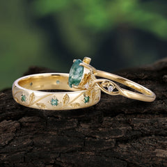 Nature-Inspired Branch-Wrapped 4-Prong Oval Moss Agate Engagement Couple Rings