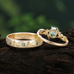 Nature-Inspired Branch-Wrapped 4-Prong Oval Moss Agate Engagement Couple Rings
