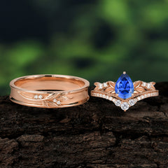 Nature-Inspired Pear-Cut Sapphire Couple's Engagement Ring Set