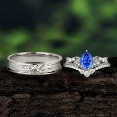 Nature-Inspired Pear-Cut Sapphire Couple's Engagement Ring Set