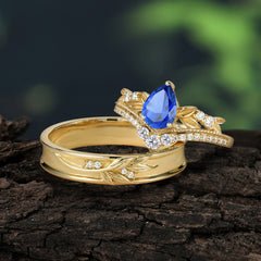 Nature-Inspired Pear-Cut Sapphire Couple's Engagement Ring Set