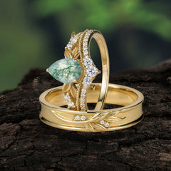 Nature-Inspired Pear-Cut Natural Moss Agate Couple's Engagement Ring Set