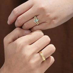 Nature-Inspired Pear-Cut Natural Moss Agate Couple's Engagement Ring Set