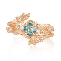Floral themed 4 Prong Round Moss Agate Wedding Ring Set