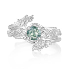 Floral themed 4 Prong Round Moss Agate Wedding Ring Set