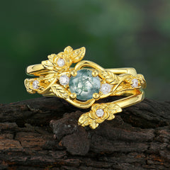 Floral themed 4 Prong Round Moss Agate Wedding Ring Set