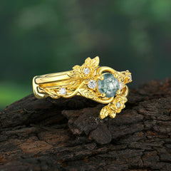 Floral themed 4 Prong Round Moss Agate Wedding Ring Set