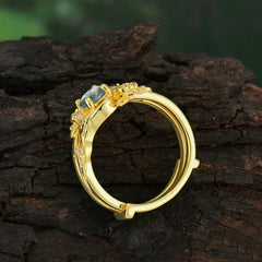 Floral themed 4 Prong Round Moss Agate Wedding Ring Set