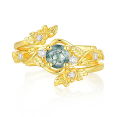 Floral themed 4 Prong Round Moss Agate Wedding Ring Set
