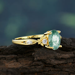 Oval Cut Green Moss Agate Ring Elegant Natural Style